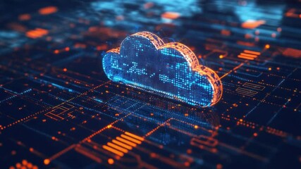 Poster - Cloud Data Fortress: A radiant, digitally rendered cloud hovers over a circuit board background. representing the vital importance of data security and technological advancement.