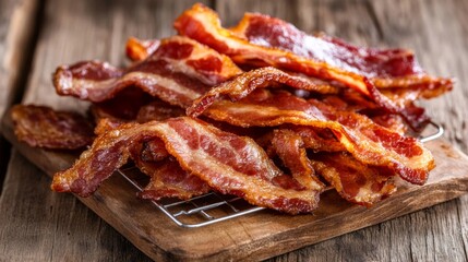 Poster - A batch of crispy bacon strips on a cooling rack, with light reflecting off the glossy surface, emphasizing their crunchy texture and rich color