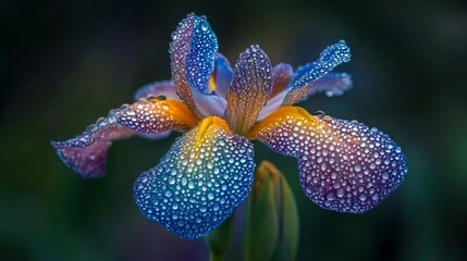Aufkleber - A bright, colorful flower with droplets of water on its petals, set against a blurred garden background, creating a fresh and serene scene