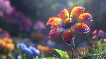 Aufkleber - A bright, colorful flower with droplets of water on its petals, set against a blurred garden background, creating a fresh and serene scene