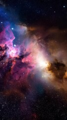 Wall Mural - Vibrant colorful nebula with cosmic dust and glowing stars in deep space creating a celestial scenic background.
