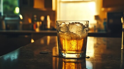 Aufkleber - A chilled beer glass with ice, condensation forming on the outside, placed on a countertop with a warm, inviting background and soft lighting highlighting the texture