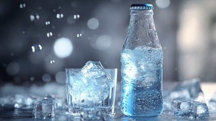 Aufkleber - A chilled soda bottle next to a glass filled with ice, with visible fizzing bubbles.