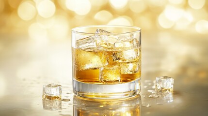 Poster - A close-up of a clear glass filled with golden beer and ice cubes, with condensation forming on the outside, set against a blurred background with soft light