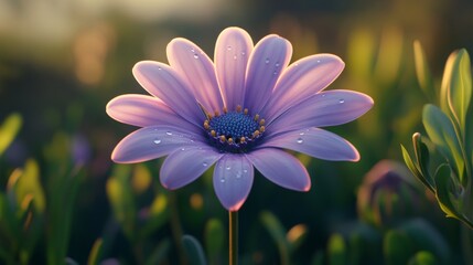 Poster - A close-up of a flower with drops of water on its soft, pink petals, glowing in natural light, adding a refreshing and calm atmosphere to the scene