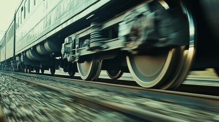 Poster - A close-up of a high-speed trains wheels in motion on the track, with the railway and surrounding landscape blurred due to the rapid movement