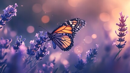 Aufkleber - A close-up of a monarch butterfly sipping nectar from a lavender blossom, with a dreamy bokeh background.