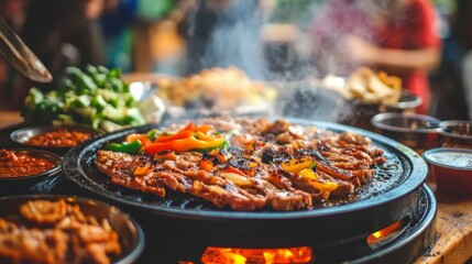 Poster - A close-up of BBQ pork being grilled on a hotplate, with vegetables and dipping sauces nearby, surrounded by a rustic wooden table setup