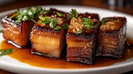 Poster - A close-up of crispy fried pork belly slices glazed with golden fish sauce, placed on a white plate, garnished with herbs, and illuminated by soft, warm lighting