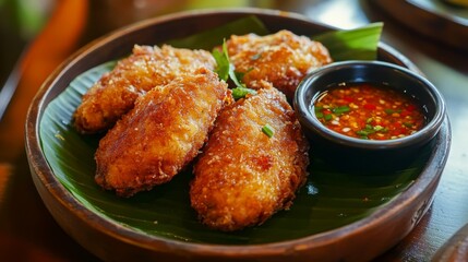 Poster - A close-up of fried seabass with a golden-brown crust, glistening with fish sauce, and accompanied by a small bowl of dipping sauce, highlighting its crispy texture