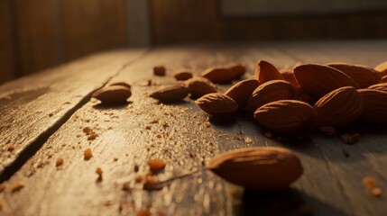Poster - A close-up shot of raw almonds scattered on a wooden surface, highlighting their natural textures and rich brown color with soft lighting