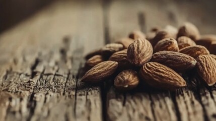 Poster - A close-up shot of raw almonds scattered on a wooden surface, highlighting their natural textures and rich brown color with soft lighting