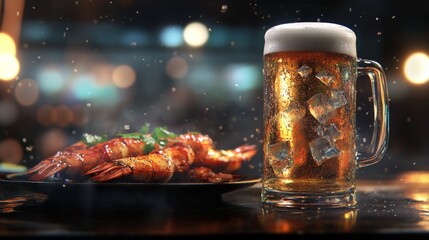 Poster - A cold beer with ice cubes, condensation forming on the glass, placed next to a plate of spicy grilled seafood.