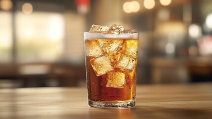 Poster - A cold, chilled glass of beer with ice cubes, placed on a wooden table with droplets of condensation on the glass and soft natural lighting accentuating its refreshment