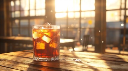 Poster - A cold soda with ice cubes on a wooden table, with sunlight streaming through a window.