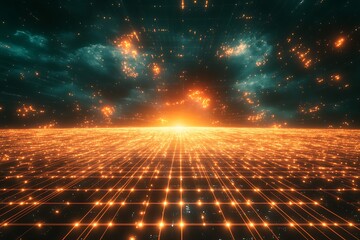 Poster - Futuristic landscape grid technology abstract glowing horizon background wallpaper illustration design