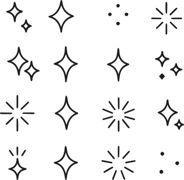 Doodle sparkle line art, decorative elements, burst design, abstract hand drawn symbols, vector icon set for graphic design, enhancing visual appeal, and creative digital illustrations white backgroun