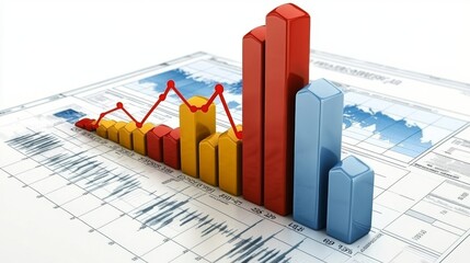 Poster - A digital representation of a financial bar graph with rising bars, showing a positive market trend, with abstract technology design in the background