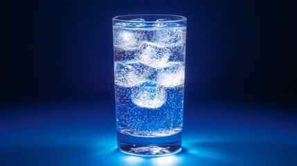 Poster - A high-angle shot of a tall glass filled with soda, ice cubes, and fizzy bubbles, with soft lighting highlighting the texture of the glass and bubbles