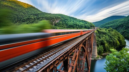 Poster - A high-speed train crossing a steel bridge over a river, with smooth motion captured as the train races past the water below