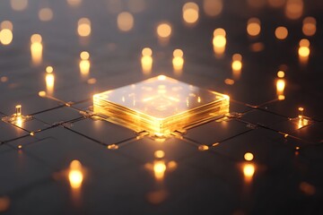 Poster - Illuminated cpu processor chip technology motherboard circuit board computer science engineering gold glow