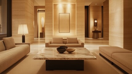 Aufkleber - A luxurious minimalist living room with a marble coffee table, elegant neutral-toned furniture, and modern lighting.