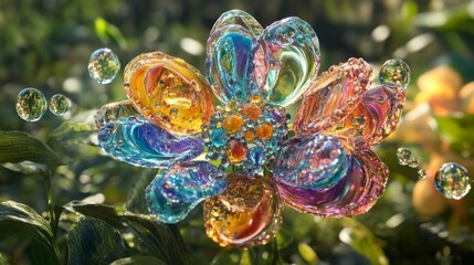 Aufkleber - A macro shot of a colorful flower with sparkling water droplets on its petals, set against a blurred background of green foliage