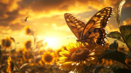 Aufkleber - A majestic butterfly collecting nectar from a sunflower, framed by a golden sunset sky.