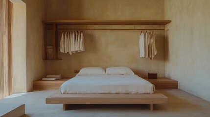 Aufkleber - A minimalist bedroom with a simple bed and neutral tones, an open closet with hanging clothes, and no excessive decor, embodying simplicity