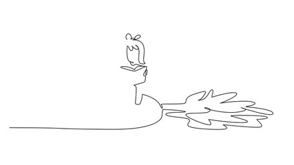 Poster - Animation of single one line drawing girl reading on white radish with its leaves. The one who loves reading books the most. Girl Reading Book at Vegetables and Fruits. Full length motion