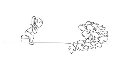 Poster - Animation of single one line drawing the girl reading on celery. Reviewing the benefits of celery at home. Study seriously. Girl Reading Book at Vegetables and Fruits. Full length motion