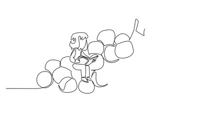 Poster - Animated self drawing single one line drawing girl reading on a pile of grapes. Find out how to cultivate grapes to make them sweet. Girl Reading Book at Vegetables and Fruits. Full length animation