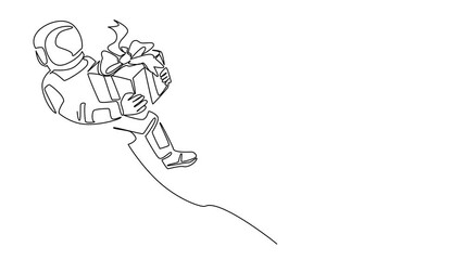 Poster - Animation of continuous one line drawing astronaut flying using jetpack and holding gift box. Technology that makes human life easier. A memory. National Astronaut Day. Full length motion