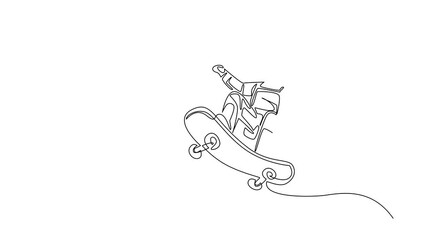 Poster - Animation of single continuous line drawing astronaut is playing skateboard. Playing extreme sports in a vacuum. Stay healthy while exploring space. National Astronaut Day. Full length motion