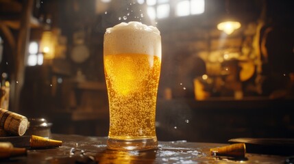 Aufkleber - A refreshing golden beer with ice in a tall glass, with bubbles rising to the top, served in a cozy pub setting.