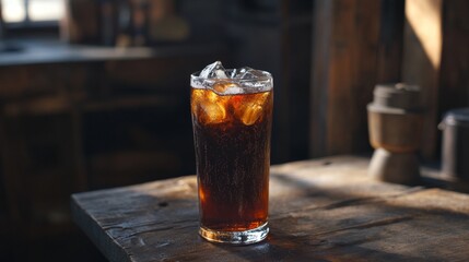 Poster - A refreshing shot of a cold soda with ice cubes, the liquid fizzing and sparkling, placed on a rustic wooden table with soft, diffused lighting