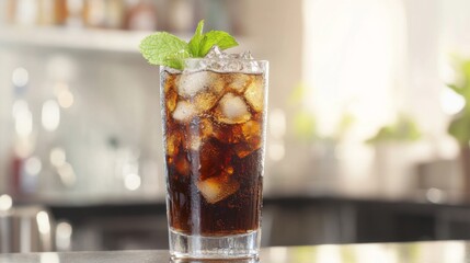 Aufkleber - a refreshing soda with ice and a mint leaf garnish, placed on a bar counter.