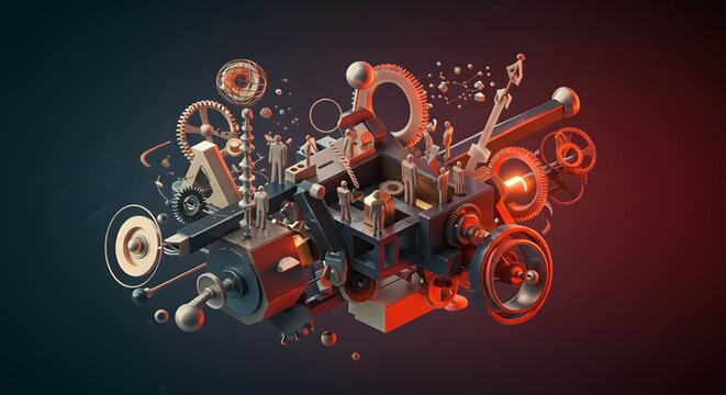 Abstract 3D Render Intricate Machinery, Gears, and Geometric Forms in Red and Blue Hues