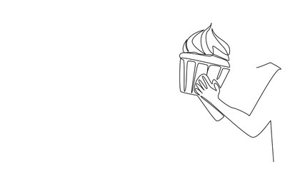 Poster - Self drawing animation of single continuous line drawing a man eating a large cupcake. Forget about excess sugar content. Mainly a full stomach. Gluten. National No Diet Day. Full length animated