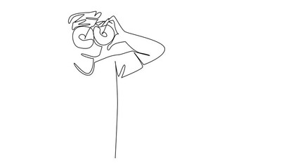 Poster - Animation of continuous one line drawing a young man holds 2 donuts with both hands like looking through telescopes. Eyeing another favorite food. National No Diet Day. Full length motion