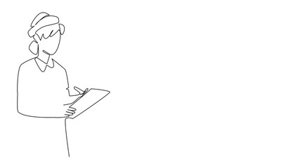 Poster - animation of single continuous line drawing young female nurse with nurse cap holding clipboard and 