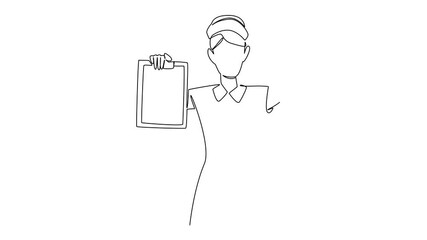 Poster - Self drawing animation of continuous one line drawing female nurse with nurse cap holding clipboard and making thumbs up gesture. Allowed to go home. Healthy. National Nurses Day. Full length animated
