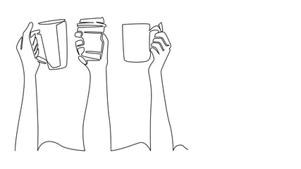Poster - Animated self drawing continuous one line drawing 5 types of glasses were lifted by hands. At an event. Healthy celebration without alcohol just caffeine. National Beverage Day. Full length animation