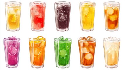 Poster - A set of different sodas with ice, showing various flavors and colors.