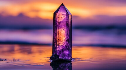 Leinwandbilder - A single amethyst crystal standing upright on a reflective surface, with its deep purple tones glowing under soft lighting