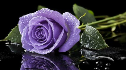 Aufkleber - A single lavender rose with delicate water droplets on its petals, set on a reflective black surface for a luxurious and artistic feel