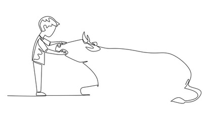 Poster - Animated self drawing of single continuous line drawing boy stroking the head of a sitting cow. Stroking very carefully. Like loving the own animal.  National Open Farm Day. Full length animation