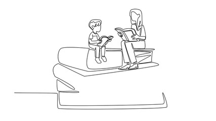 Poster - Animation of continuous one line drawing female teacher and male student sitting and holding books in pile of thick books. Accompanying teacher. National Day of Teacher. Full length motion