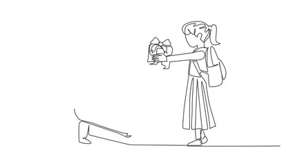 Poster - animated self drawing of single one line drawing a female student gives a gift box to a female teach