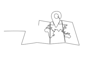 Poster - Animated self drawing single one line drawing pin location on paper map with world map. Search for destination points with a map. Convenience for travelers. National Tourism Day. Full length animation